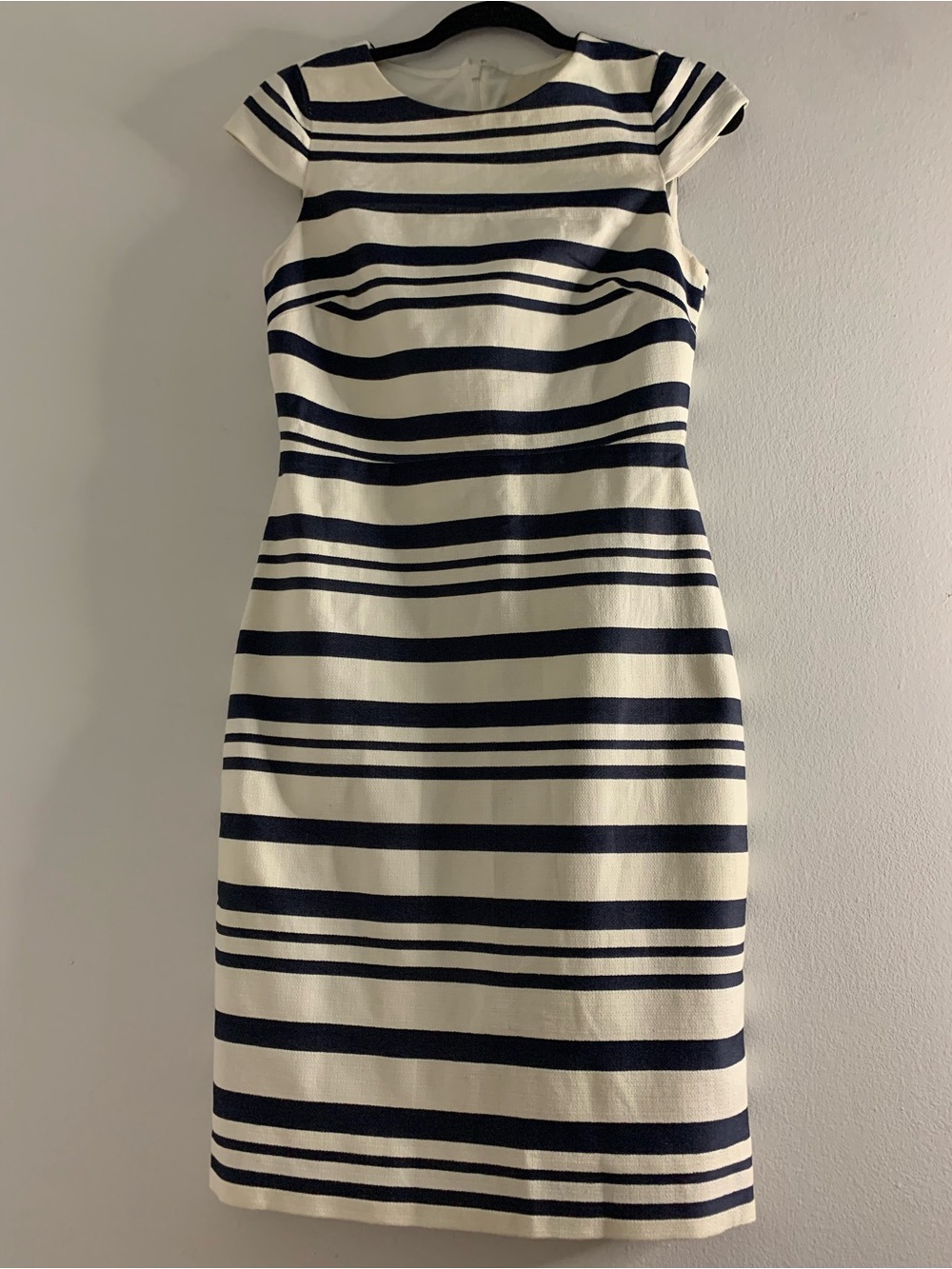 J. Crew Navy and White Striped Cap-Sleeve Sheath Dress